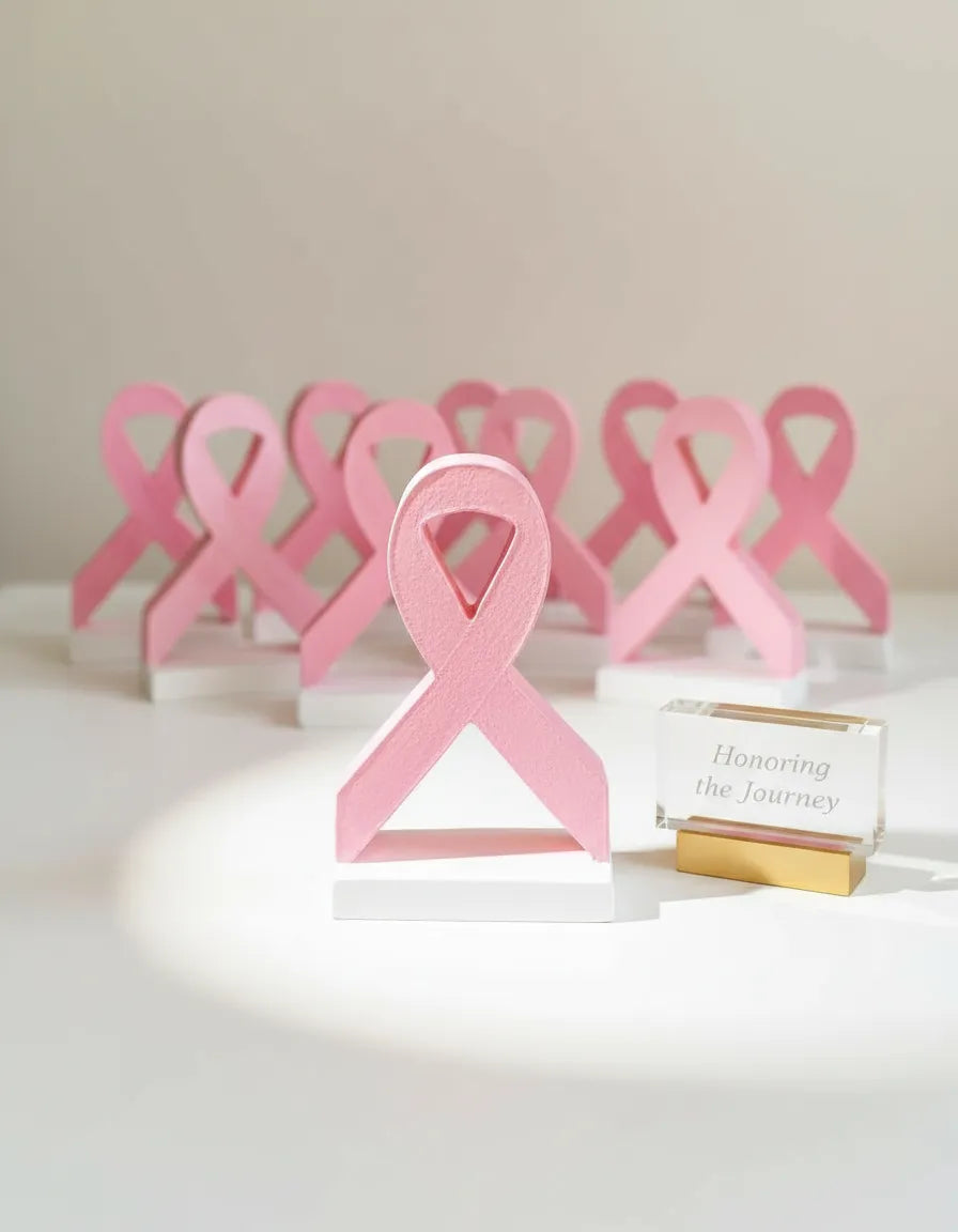 Customized pink ribbon mineral souvenirs for corporate branding and Breast Cancer awareness campaigns.