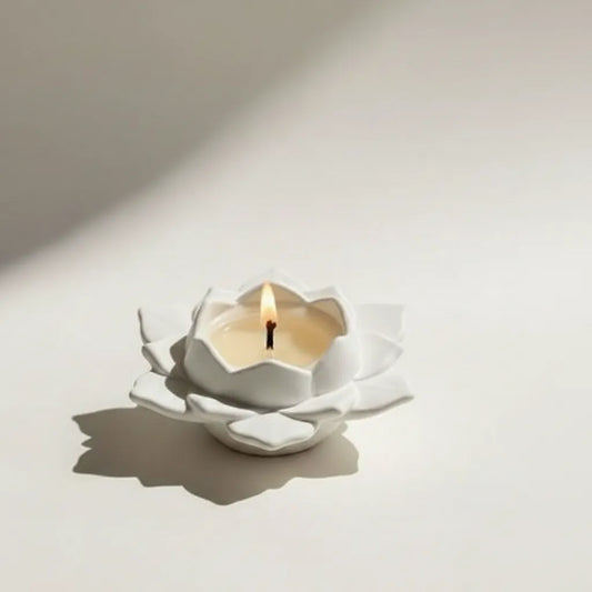 Handmade Lotus Petal Candle in White ceramic by Ideal Design Lebanon. A floral-shaped decorative candle for zen home decor and minimalist meditation spaces.