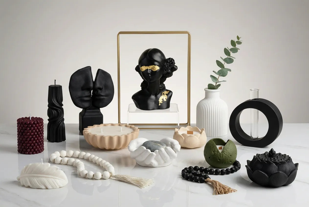 Handmade mineral composite souvenirs  For Weddings and Occasions and sculptural black candles with gold leaf accents by Ideal Design Beirut.